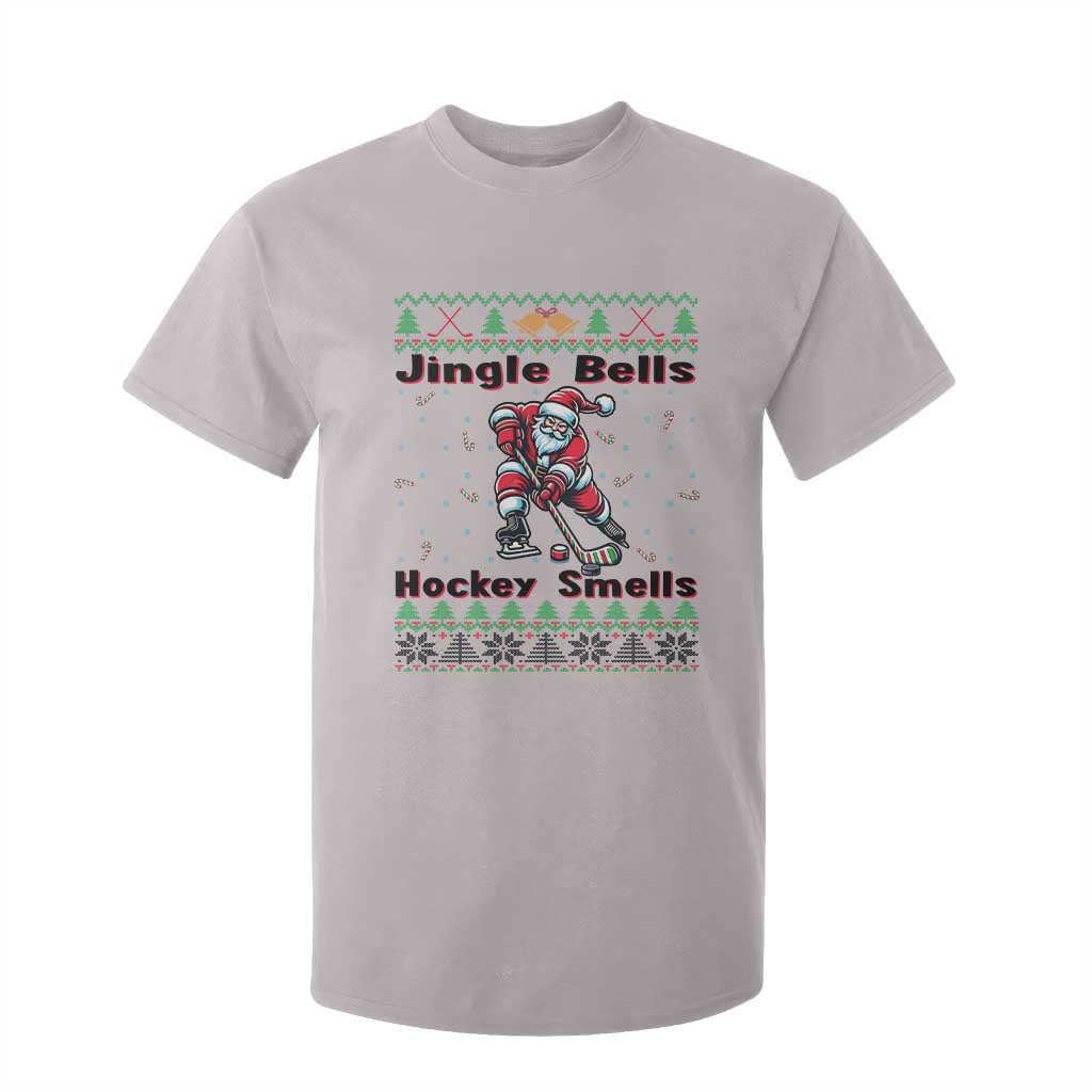 Ugly Christmas Sweater Santa Playing Hockey T Shirt For Kid Jingle Bells Hockey Smells TS12 Ice Gray Print Your Wear