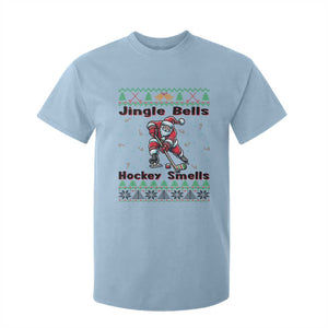 Ugly Christmas Sweater Santa Playing Hockey T Shirt For Kid Jingle Bells Hockey Smells TS12 Light Blue Print Your Wear