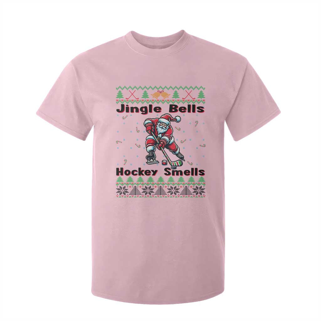 Ugly Christmas Sweater Santa Playing Hockey T Shirt For Kid Jingle Bells Hockey Smells TS12 Light Pink Print Your Wear