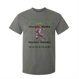 Ugly Christmas Sweater Santa Playing Hockey T Shirt For Kid Jingle Bells Hockey Smells TS12 Military Green Print Your Wear