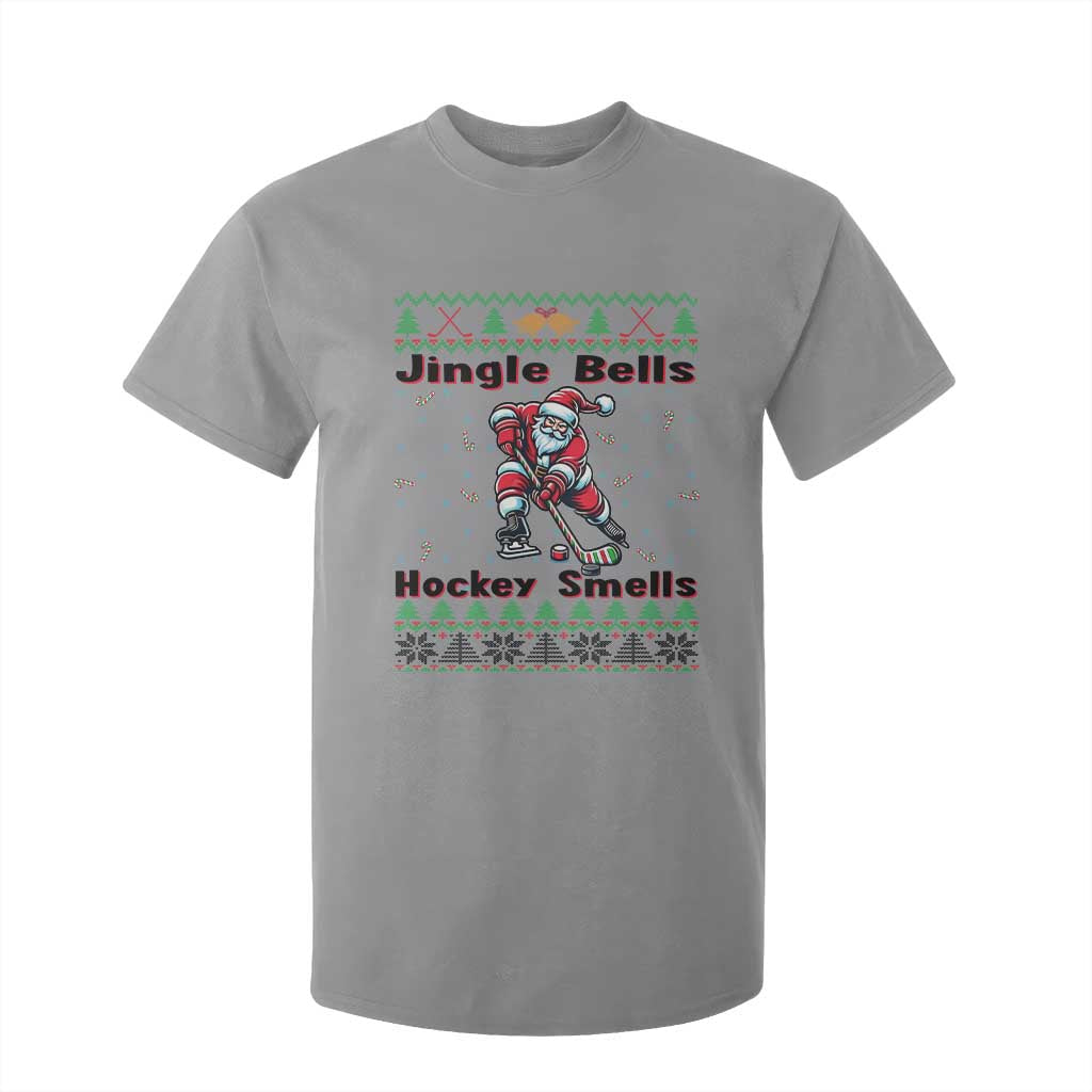 Ugly Christmas Sweater Santa Playing Hockey T Shirt For Kid Jingle Bells Hockey Smells TS12 Sport Gray Print Your Wear