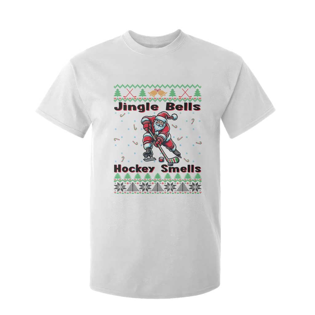 Ugly Christmas Sweater Santa Playing Hockey T Shirt For Kid Jingle Bells Hockey Smells TS12 White Print Your Wear