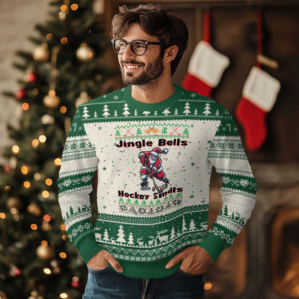 Ugly Xmas Sweater Santa Playing Hockey Ugly Christmas Sweater Jingle Bells Hockey Smells TS12 Beige Green Print Your Wear