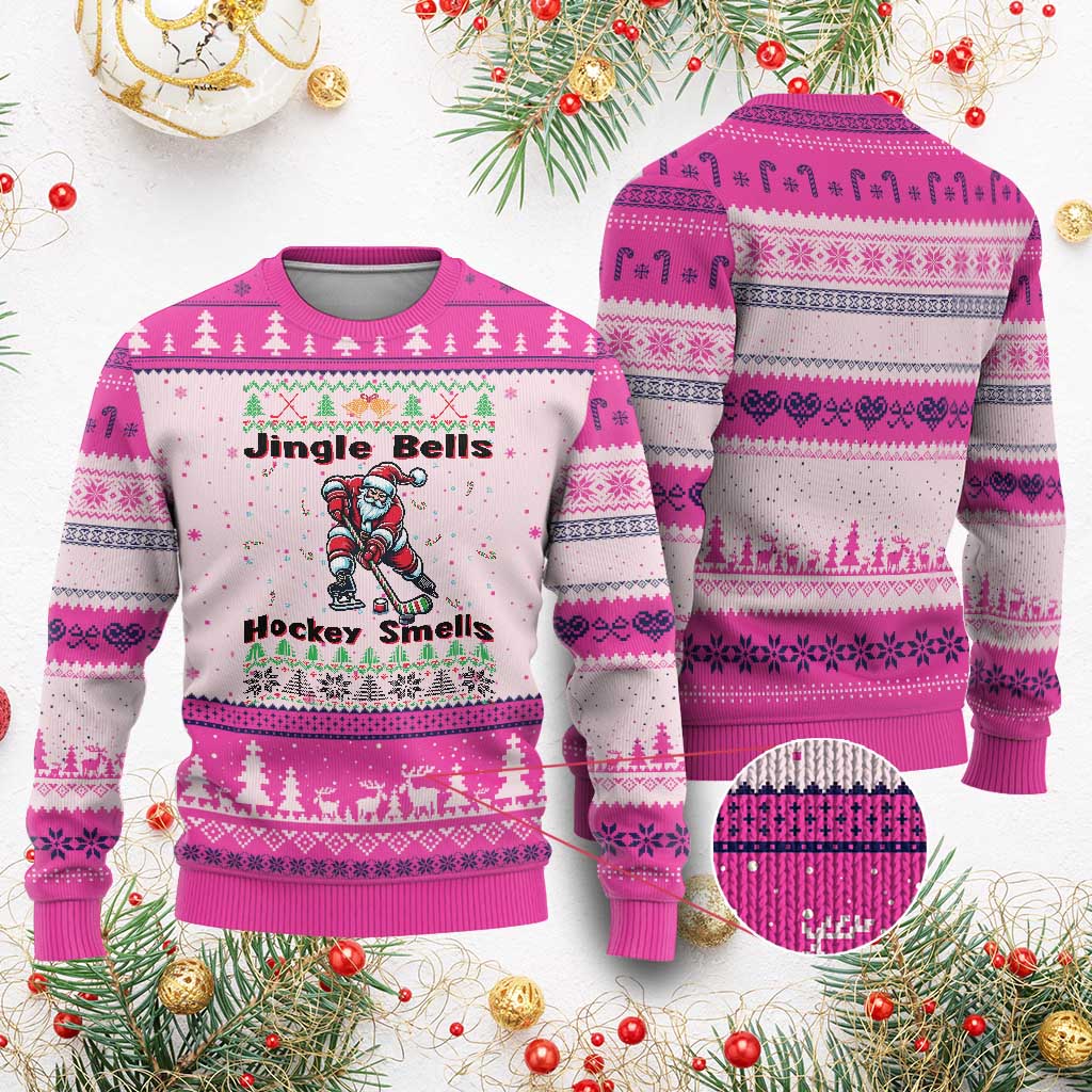 Ugly Xmas Sweater Santa Playing Hockey Ugly Christmas Sweater Jingle Bells Hockey Smells TS12 Hot Pink Print Your Wear