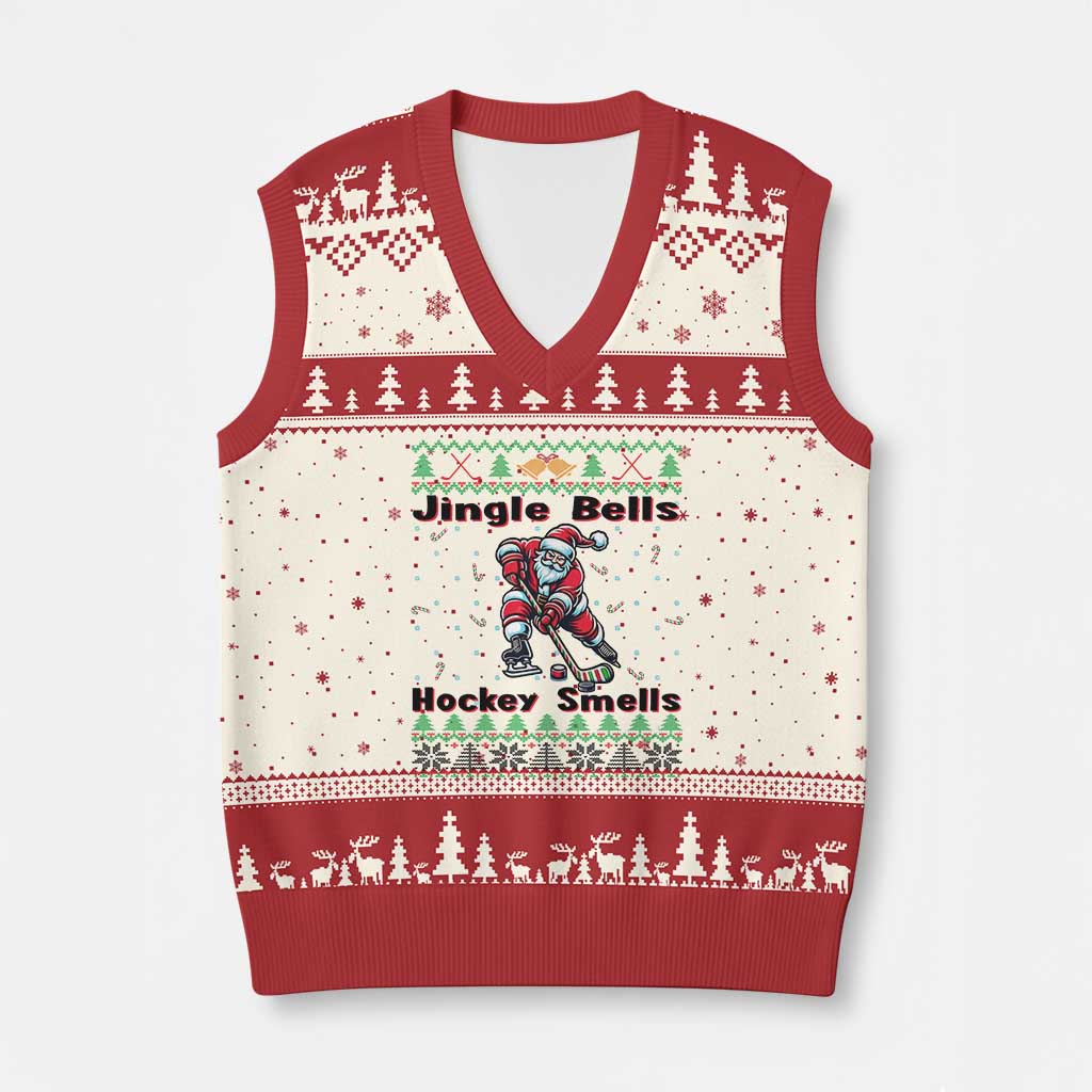 Ugly Xmas Sweater Santa Playing Hockey V-Neck Knit Sweater Vest Jingle Bells Hockey Smells TS12 Beige Red Print Your Wear