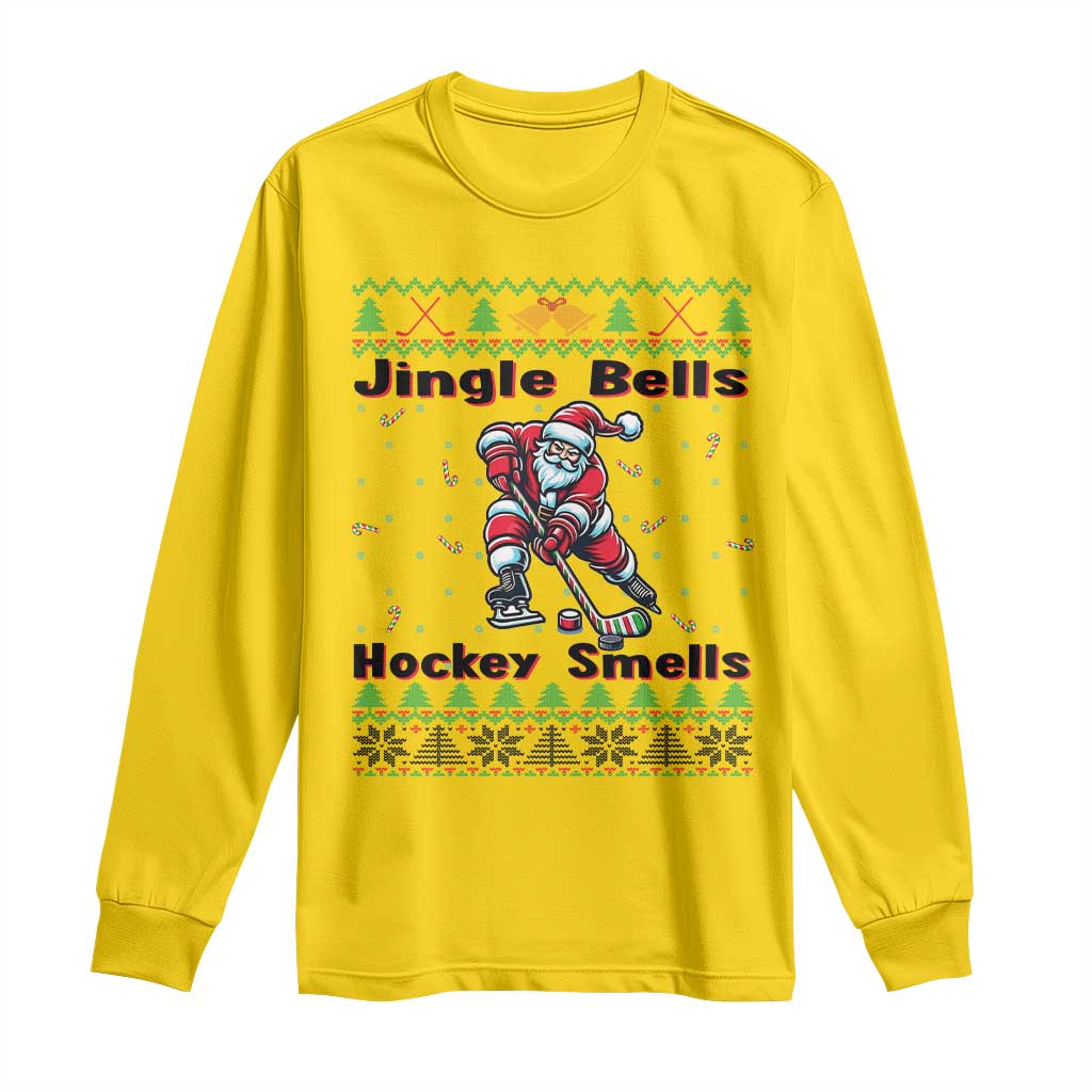 Ugly Christmas Sweater Santa Playing Hockey Long Sleeve Shirt Jingle Bells Hockey Smells TS12 Daisy Print Your Wear