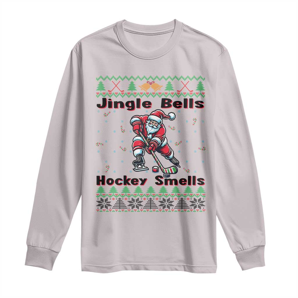 Ugly Christmas Sweater Santa Playing Hockey Long Sleeve Shirt Jingle Bells Hockey Smells TS12 Ice Gray Print Your Wear