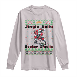 Ugly Christmas Sweater Santa Playing Hockey Long Sleeve Shirt Jingle Bells Hockey Smells TS12 Ice Gray Print Your Wear