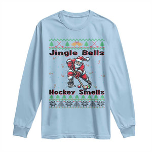 Ugly Christmas Sweater Santa Playing Hockey Long Sleeve Shirt Jingle Bells Hockey Smells TS12 Light Blue Print Your Wear