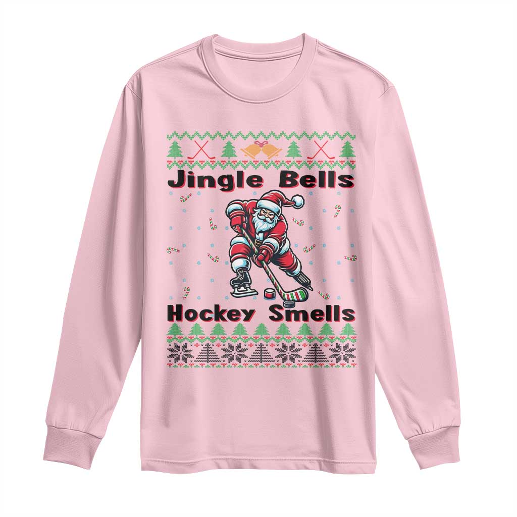 Ugly Christmas Sweater Santa Playing Hockey Long Sleeve Shirt Jingle Bells Hockey Smells TS12 Light Pink Print Your Wear