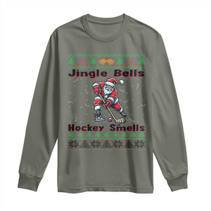 Ugly Christmas Sweater Santa Playing Hockey Long Sleeve Shirt Jingle Bells Hockey Smells TS12 Military Green Print Your Wear