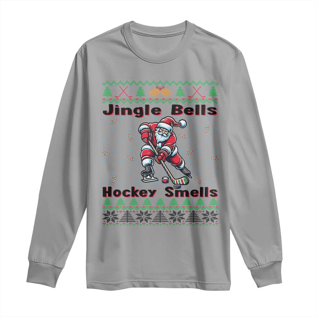 Ugly Christmas Sweater Santa Playing Hockey Long Sleeve Shirt Jingle Bells Hockey Smells TS12 Sport Gray Print Your Wear