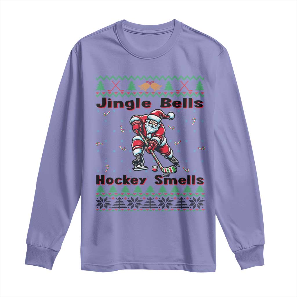Ugly Christmas Sweater Santa Playing Hockey Long Sleeve Shirt Jingle Bells Hockey Smells TS12 Violet Print Your Wear
