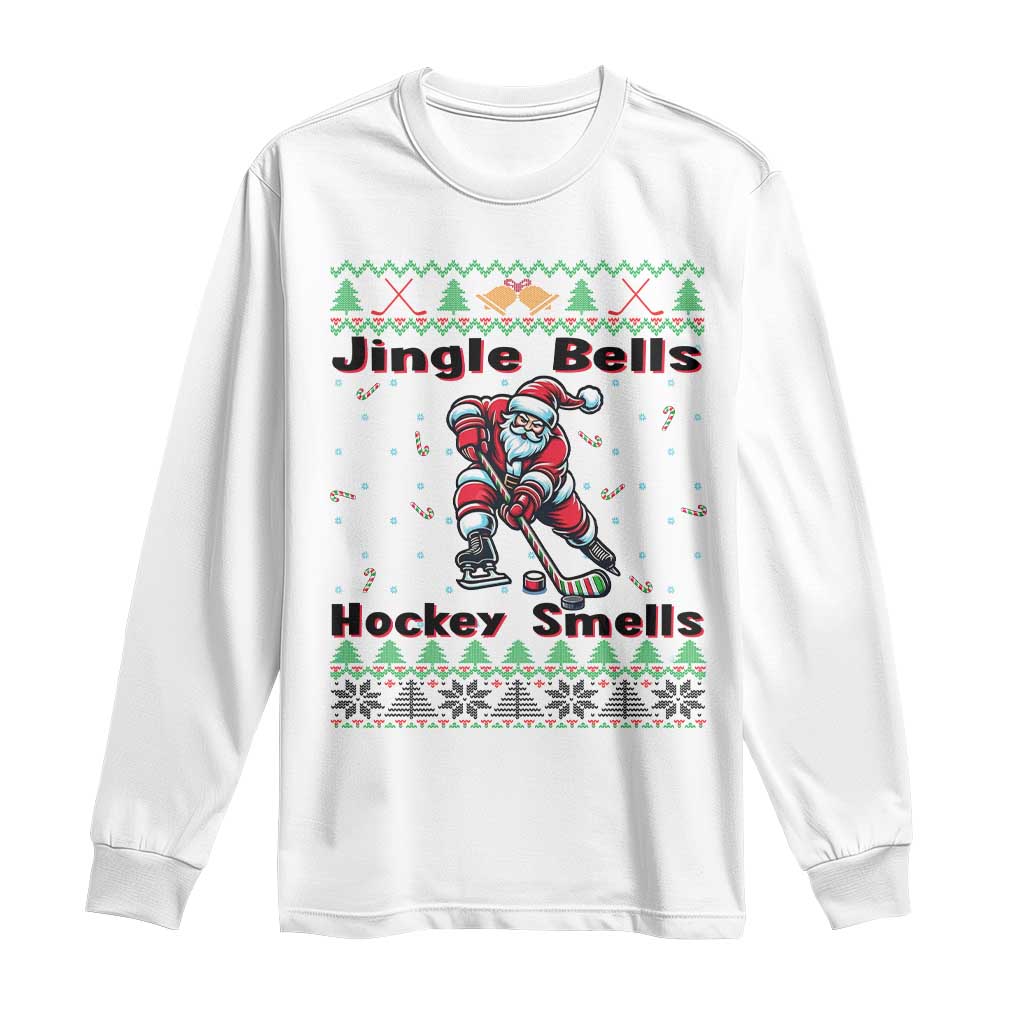Ugly Christmas Sweater Santa Playing Hockey Long Sleeve Shirt Jingle Bells Hockey Smells TS12 White Print Your Wear