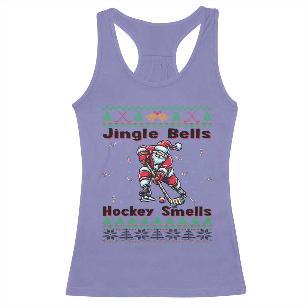Ugly Christmas Sweater Santa Playing Hockey Racerback Tank Top Jingle Bells Hockey Smells TS12 Violet Print Your Wear