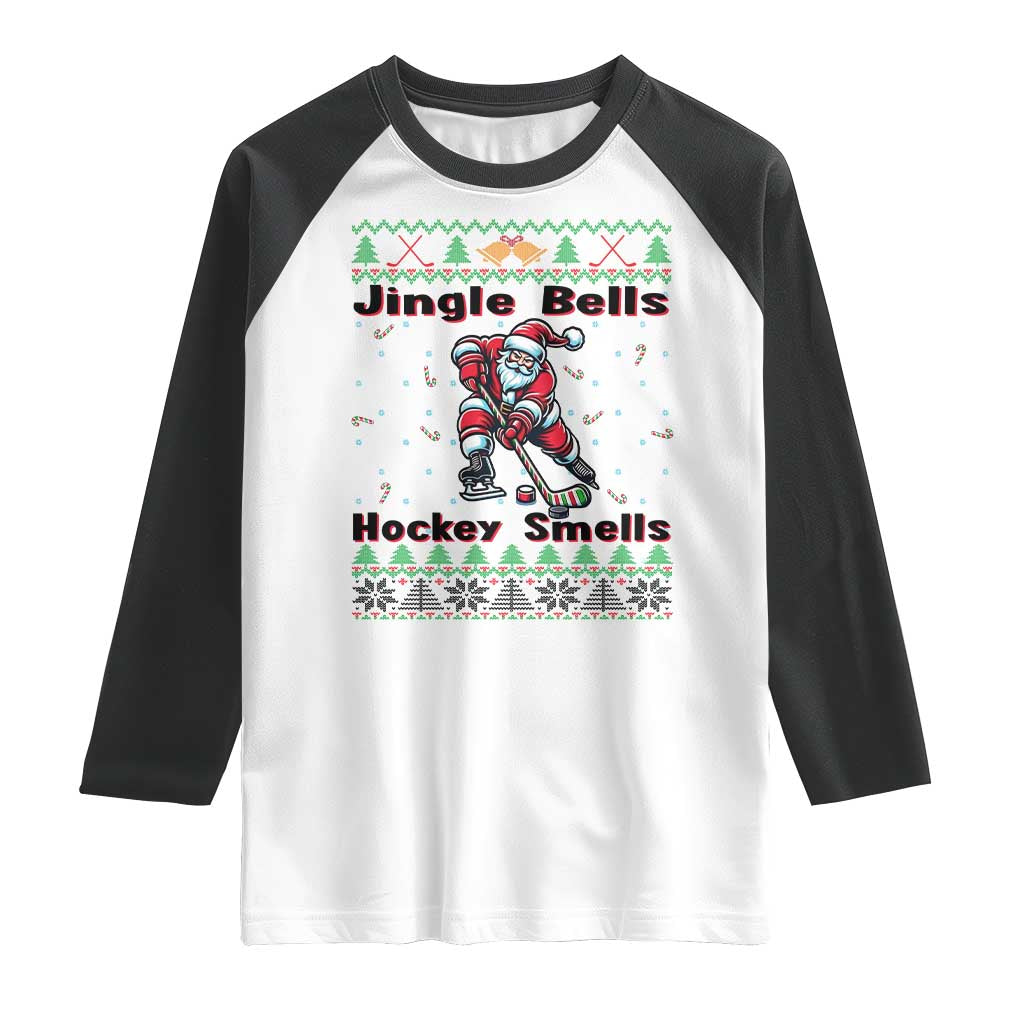 Ugly Christmas Sweater Santa Playing Hockey Raglan Shirt Jingle Bells Hockey Smells TS12 White Black Print Your Wear