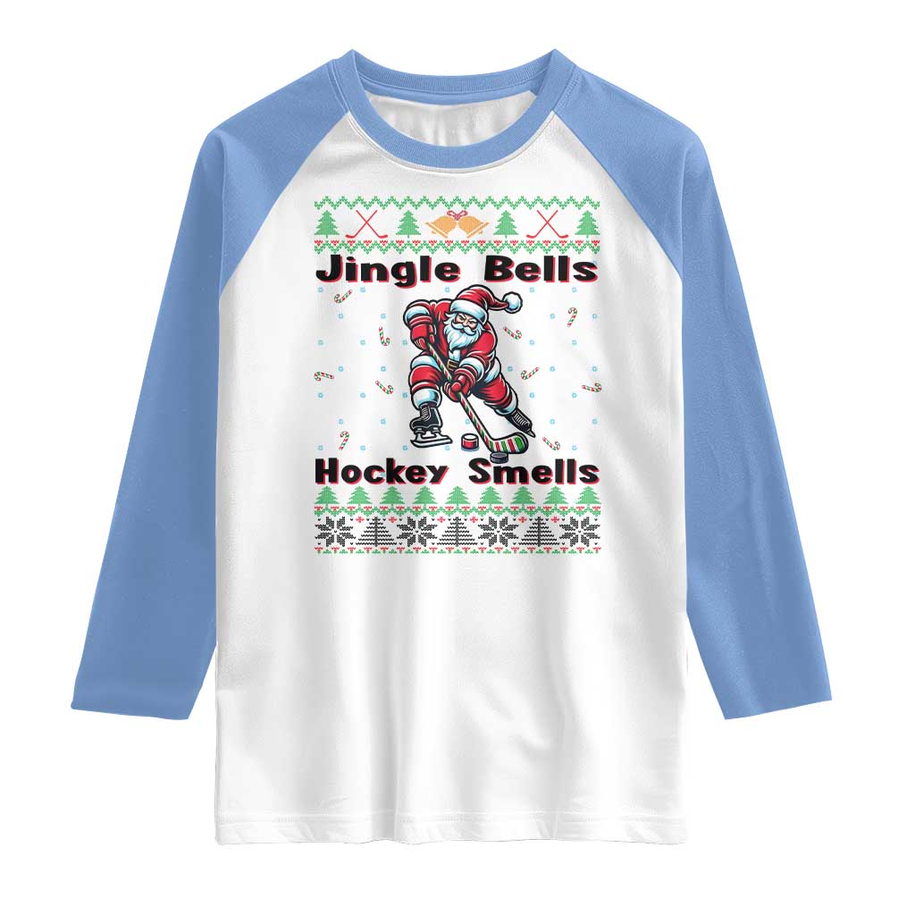 Ugly Christmas Sweater Santa Playing Hockey Raglan Shirt Jingle Bells Hockey Smells TS12 White Carolina Blue Print Your Wear