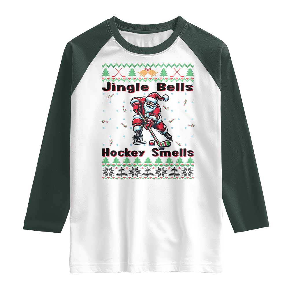 Ugly Christmas Sweater Santa Playing Hockey Raglan Shirt Jingle Bells Hockey Smells TS12 White Dark Forest Green Print Your Wear