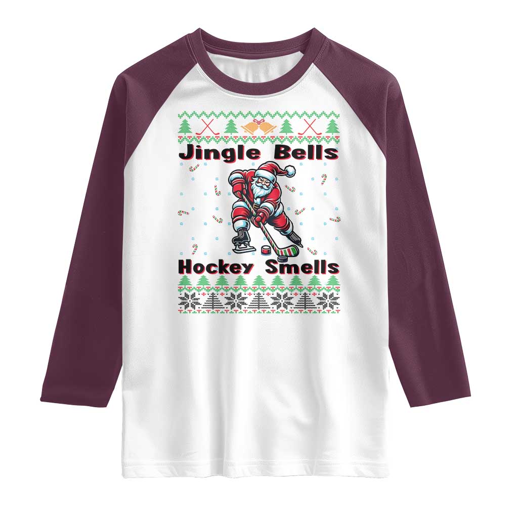 Ugly Christmas Sweater Santa Playing Hockey Raglan Shirt Jingle Bells Hockey Smells TS12 White Maroon Print Your Wear