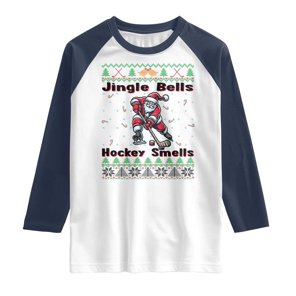 Ugly Christmas Sweater Santa Playing Hockey Raglan Shirt Jingle Bells Hockey Smells TS12 White Navy Print Your Wear