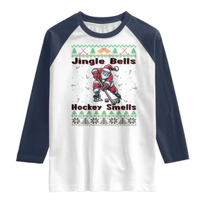 Ugly Christmas Sweater Santa Playing Hockey Raglan Shirt Jingle Bells Hockey Smells TS12 White Navy Print Your Wear