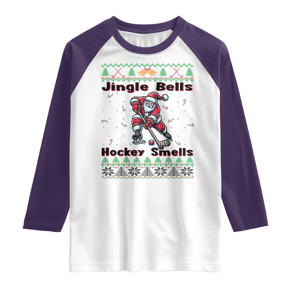 Ugly Christmas Sweater Santa Playing Hockey Raglan Shirt Jingle Bells Hockey Smells TS12 White Purple Print Your Wear
