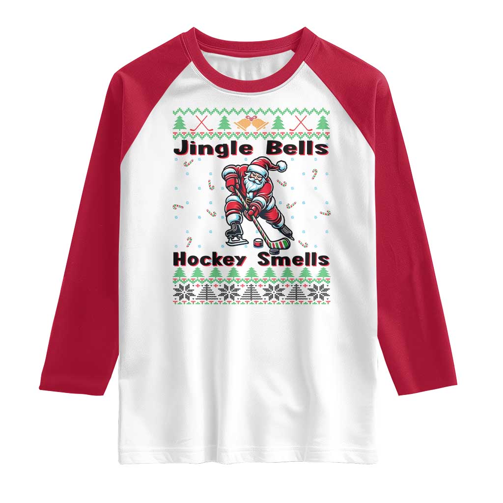 Ugly Christmas Sweater Santa Playing Hockey Raglan Shirt Jingle Bells Hockey Smells TS12 White Red Print Your Wear