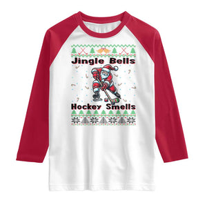 Ugly Christmas Sweater Santa Playing Hockey Raglan Shirt Jingle Bells Hockey Smells TS12 White Red Print Your Wear