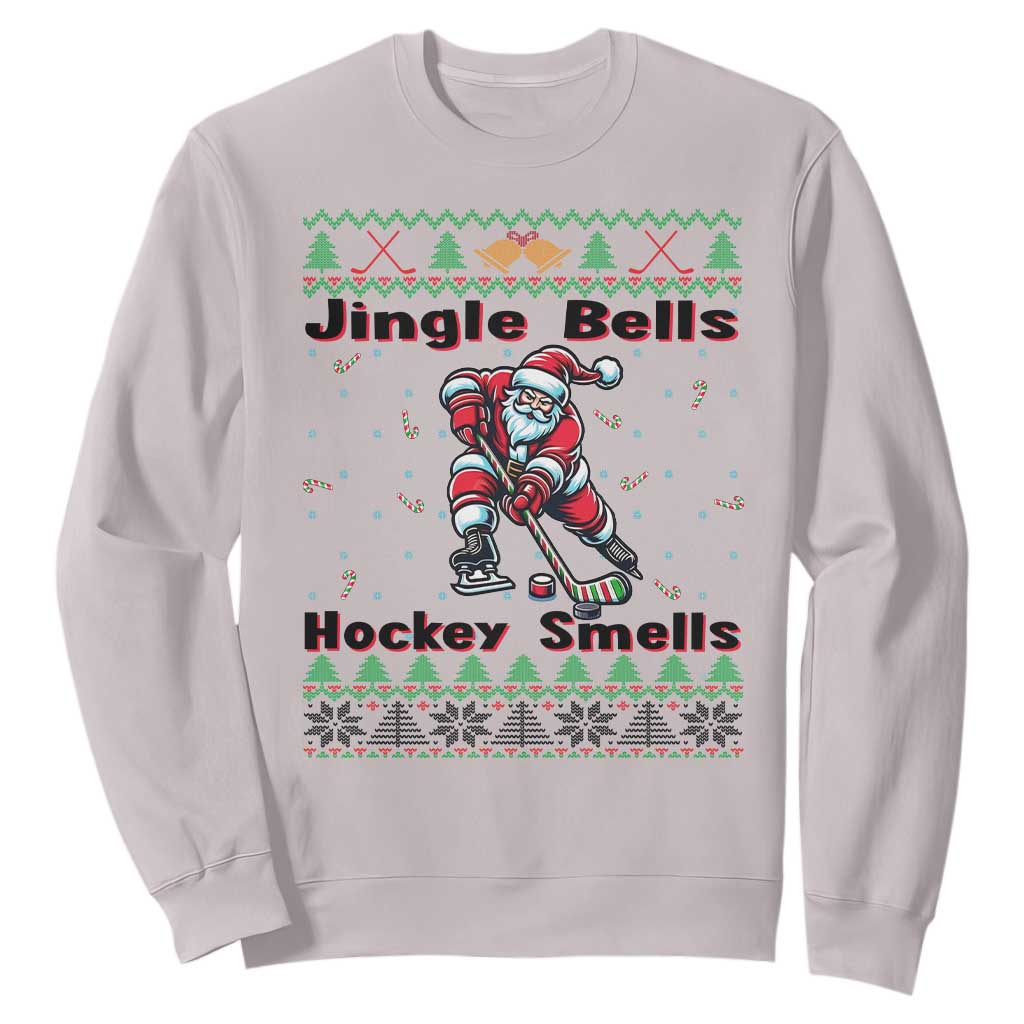 Ugly Christmas Sweater Santa Playing Hockey Sweatshirt Jingle Bells Hockey Smells TS12 Ice Gray Print Your Wear