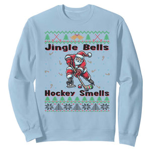 Ugly Christmas Sweater Santa Playing Hockey Sweatshirt Jingle Bells Hockey Smells TS12 Light Blue Print Your Wear