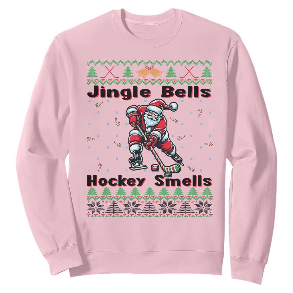 Ugly Christmas Sweater Santa Playing Hockey Sweatshirt Jingle Bells Hockey Smells TS12 Light Pink Print Your Wear
