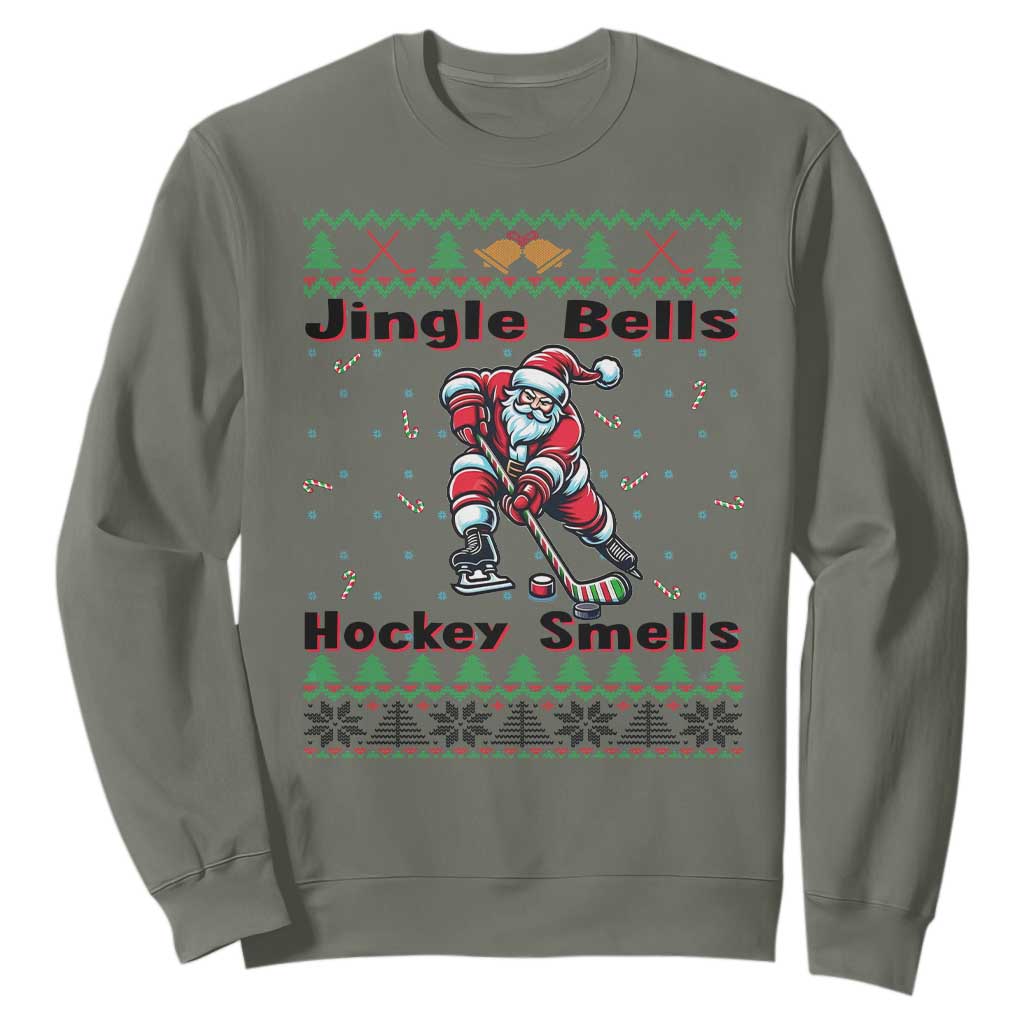 Ugly Christmas Sweater Santa Playing Hockey Sweatshirt Jingle Bells Hockey Smells TS12 Military Green Print Your Wear