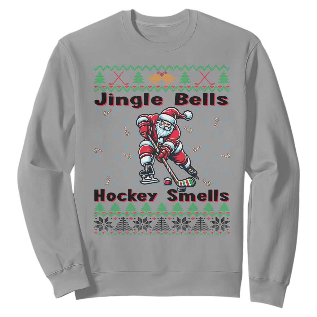 Ugly Christmas Sweater Santa Playing Hockey Sweatshirt Jingle Bells Hockey Smells TS12 Sport Gray Print Your Wear