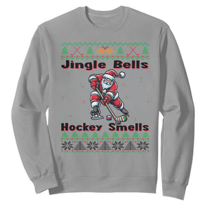 Ugly Christmas Sweater Santa Playing Hockey Sweatshirt Jingle Bells Hockey Smells TS12 Sport Gray Print Your Wear