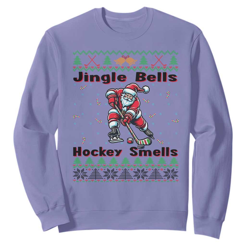 Ugly Christmas Sweater Santa Playing Hockey Sweatshirt Jingle Bells Hockey Smells TS12 Violet Print Your Wear