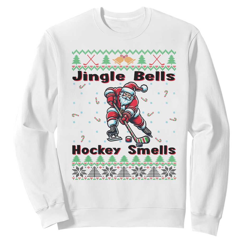 Ugly Christmas Sweater Santa Playing Hockey Sweatshirt Jingle Bells Hockey Smells TS12 White Print Your Wear