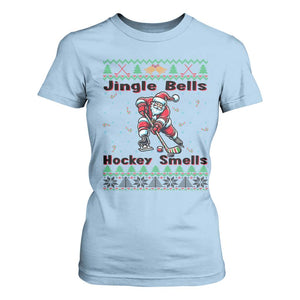 Ugly Christmas Sweater Santa Playing Hockey T Shirt For Women Jingle Bells Hockey Smells TS12 Light Blue Print Your Wear