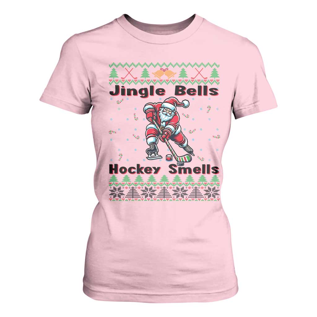 Ugly Christmas Sweater Santa Playing Hockey T Shirt For Women Jingle Bells Hockey Smells TS12 Light Pink Print Your Wear