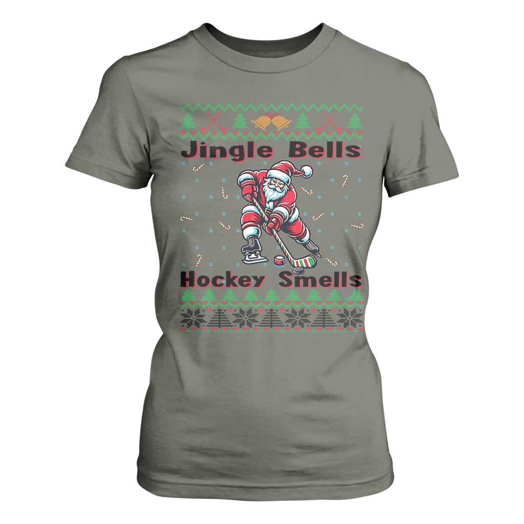 Ugly Christmas Sweater Santa Playing Hockey T Shirt For Women Jingle Bells Hockey Smells TS12 Military Green Print Your Wear