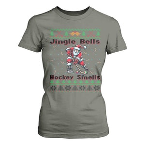 Ugly Christmas Sweater Santa Playing Hockey T Shirt For Women Jingle Bells Hockey Smells TS12 Military Green Print Your Wear