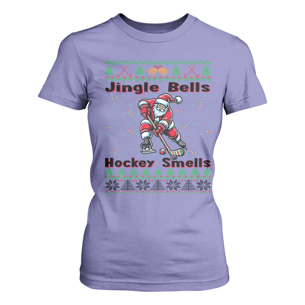 Ugly Christmas Sweater Santa Playing Hockey T Shirt For Women Jingle Bells Hockey Smells TS12 Violet Print Your Wear