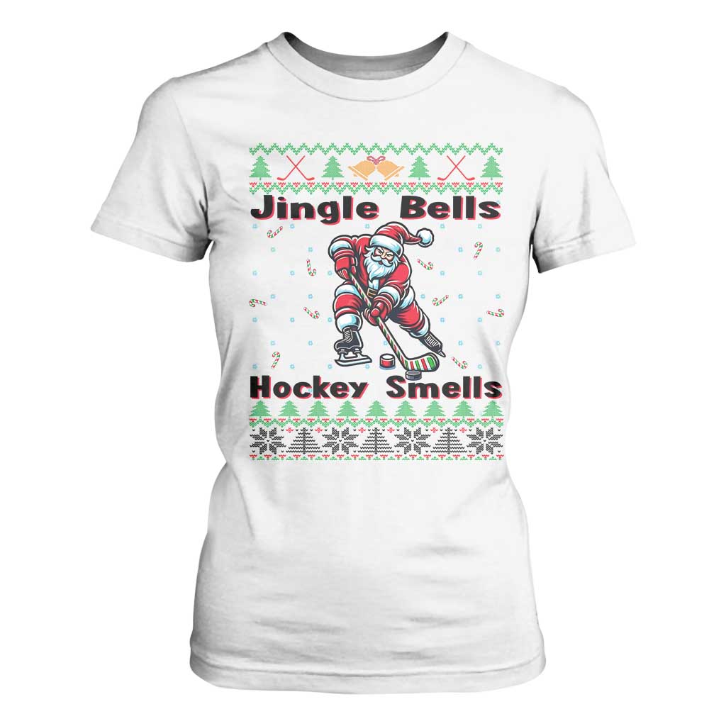 Ugly Christmas Sweater Santa Playing Hockey T Shirt For Women Jingle Bells Hockey Smells TS12 White Print Your Wear