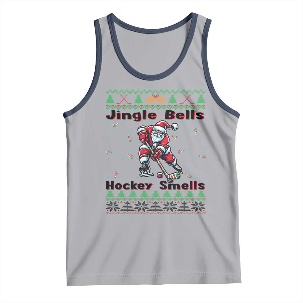 Ugly Christmas Sweater Santa Playing Hockey Tank Top Jingle Bells Hockey Smells TS12 Athletic Heather Navy Print Your Wear