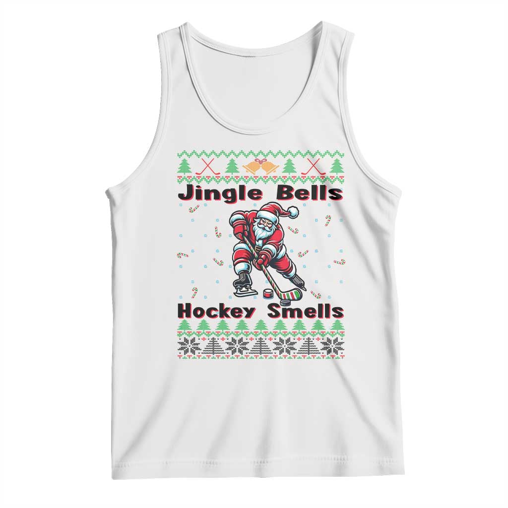 Ugly Christmas Sweater Santa Playing Hockey Tank Top Jingle Bells Hockey Smells TS12 White Print Your Wear