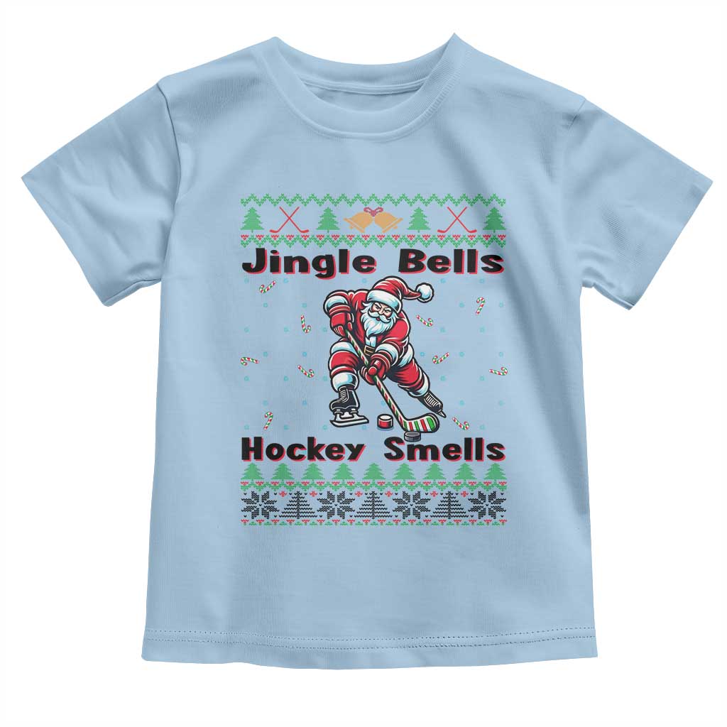 Ugly Christmas Sweater Santa Playing Hockey Toddler T Shirt Jingle Bells Hockey Smells TS12 Light Blue Print Your Wear