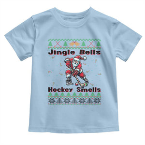 Ugly Christmas Sweater Santa Playing Hockey Toddler T Shirt Jingle Bells Hockey Smells TS12 Light Blue Print Your Wear