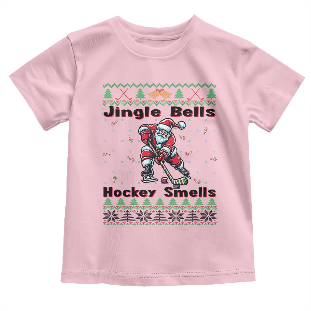 Ugly Christmas Sweater Santa Playing Hockey Toddler T Shirt Jingle Bells Hockey Smells TS12 Light Pink Print Your Wear