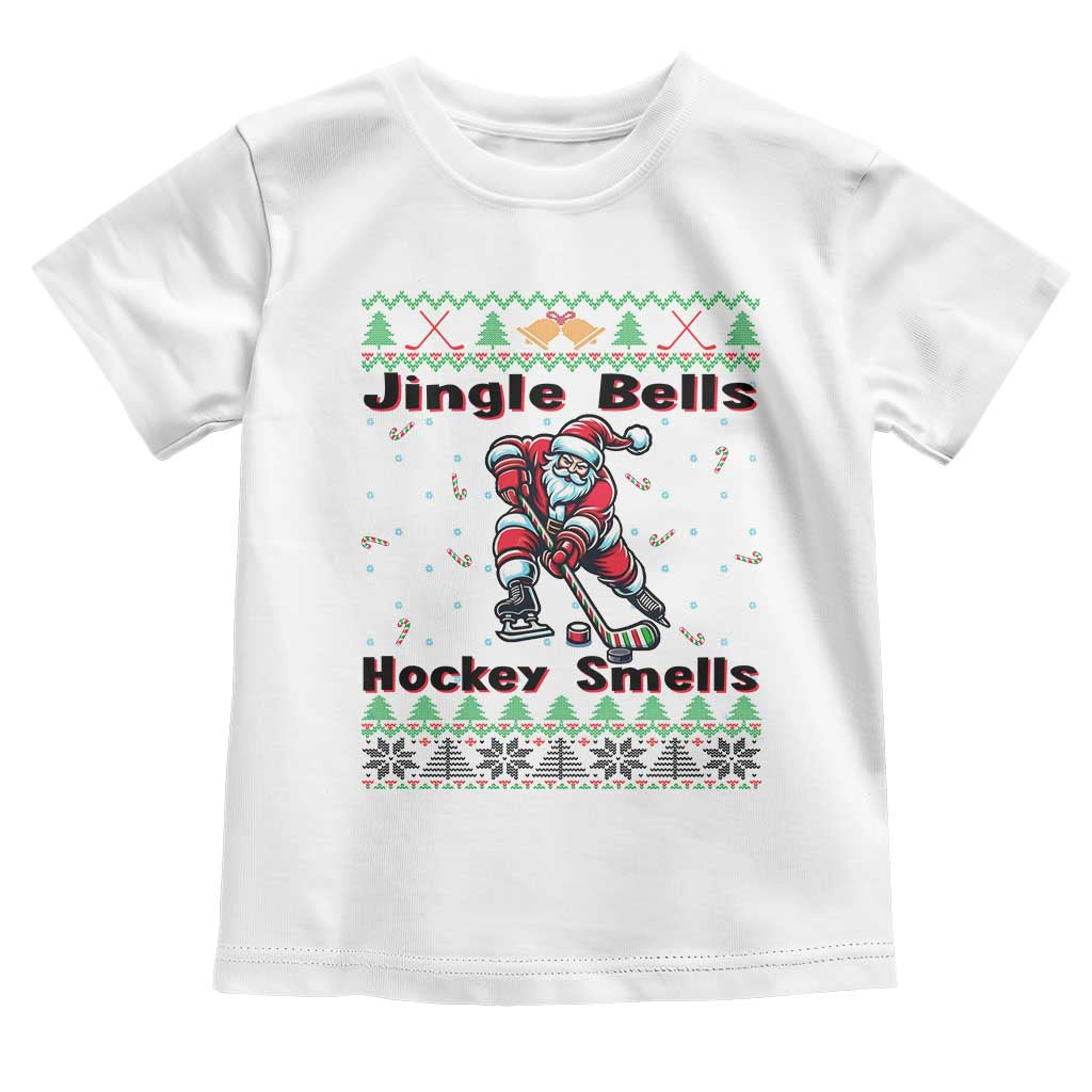 Ugly Christmas Sweater Santa Playing Hockey Toddler T Shirt Jingle Bells Hockey Smells TS12 White Print Your Wear