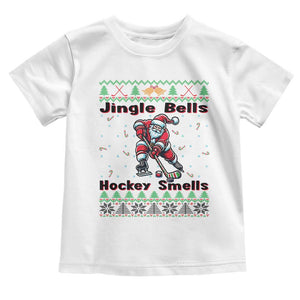 Ugly Christmas Sweater Santa Playing Hockey Toddler T Shirt Jingle Bells Hockey Smells TS12 White Print Your Wear