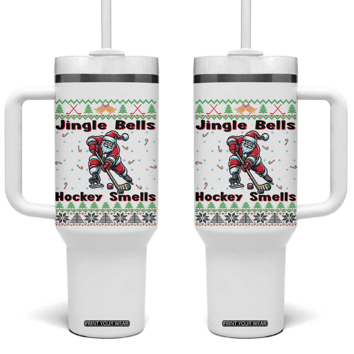 Ugly Christmas Sweater Santa Playing Hockey Tumbler With Handle Jingle Bells Hockey Smells TS12 One Size: 40 oz White Print Your Wear